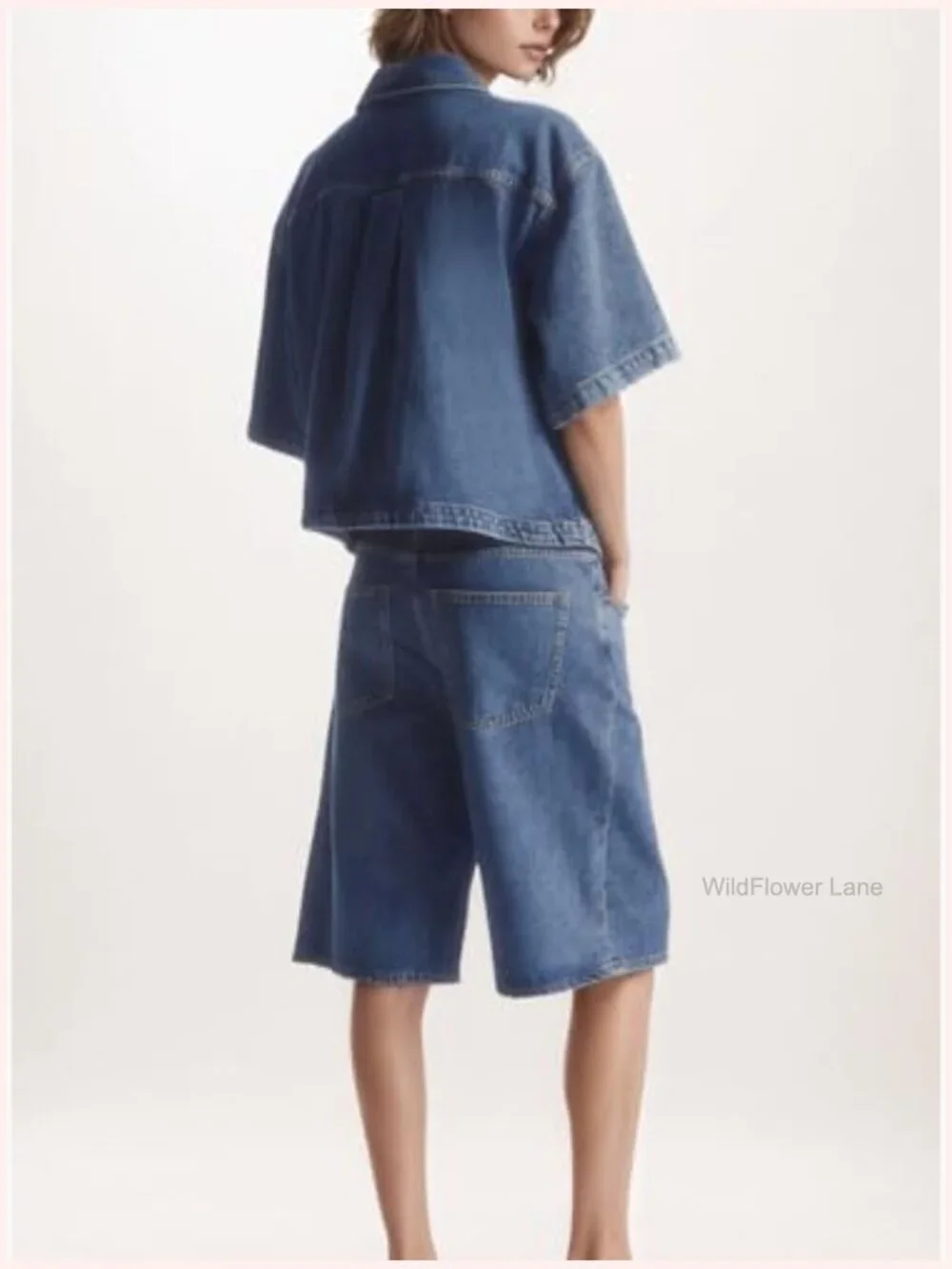 Women's Crop Denim Shirt Button Down Short Sleeve Oversized Jean Top - Picture 7 of 7